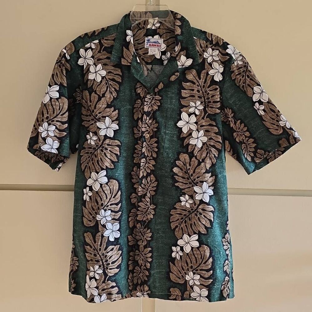 Hawaii green plumeria panel Hawaiian ss shirt, NWOT, L